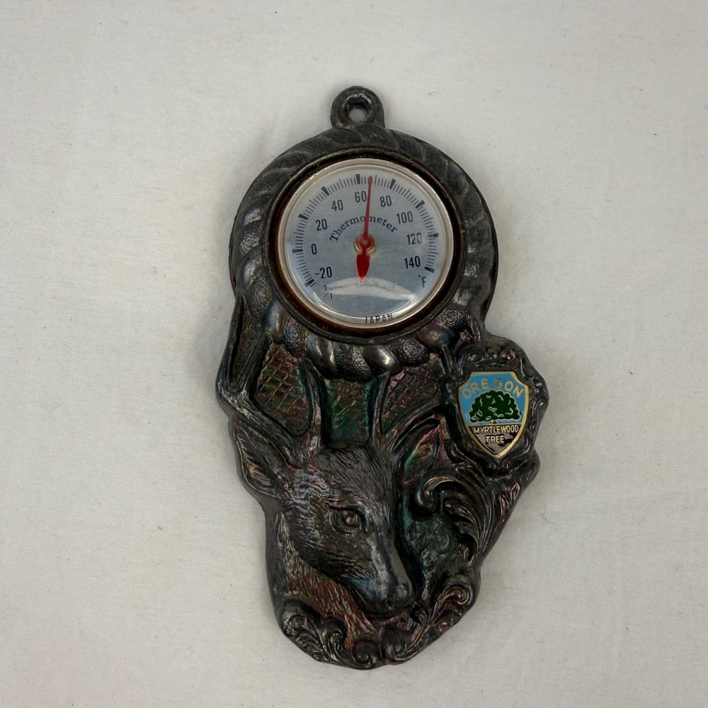 Vintage Oregon Myrtlewood Tree Buck Deer Wall Thermometer Iridescent Metal